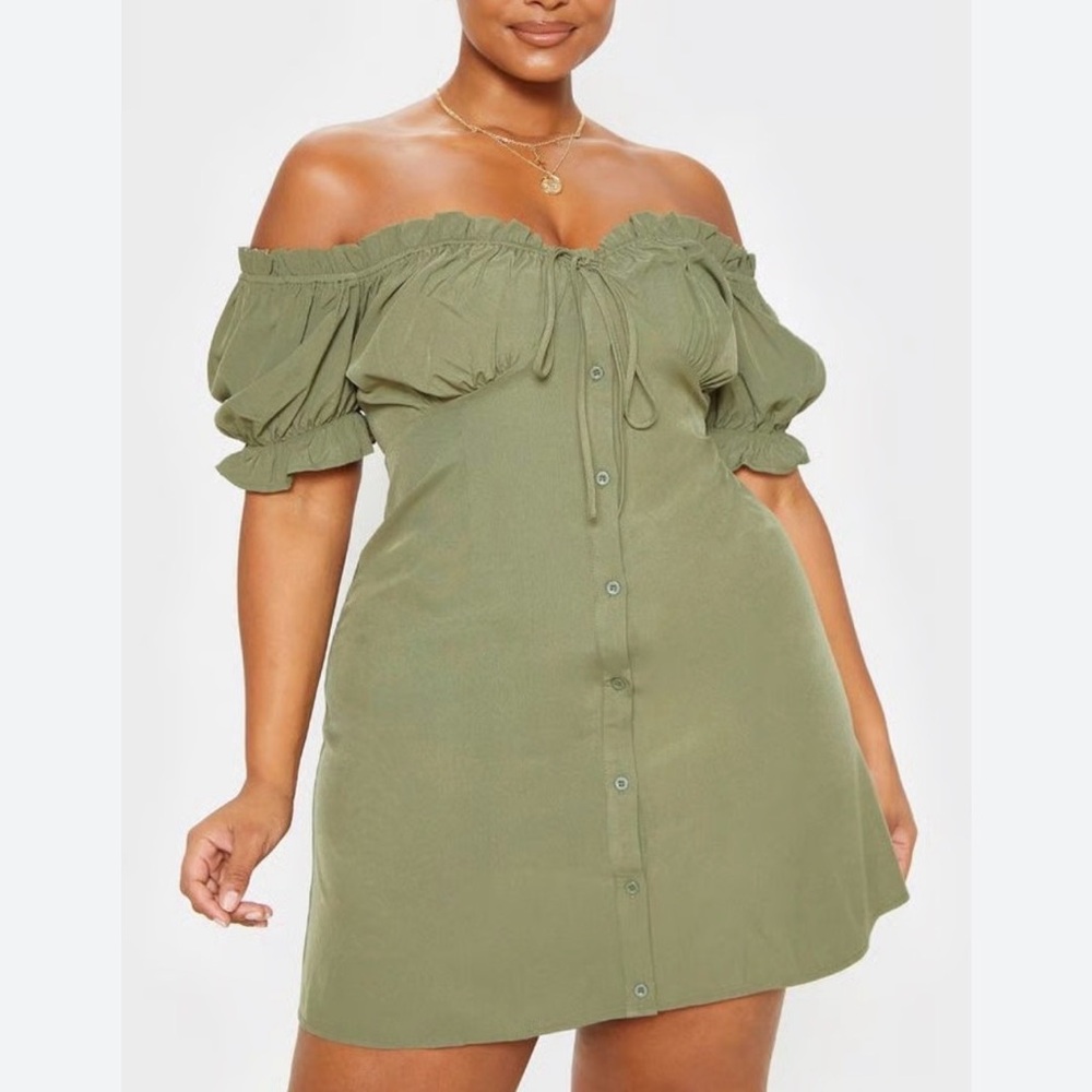 PrettyLittleThing Olive Green Gathered Dress